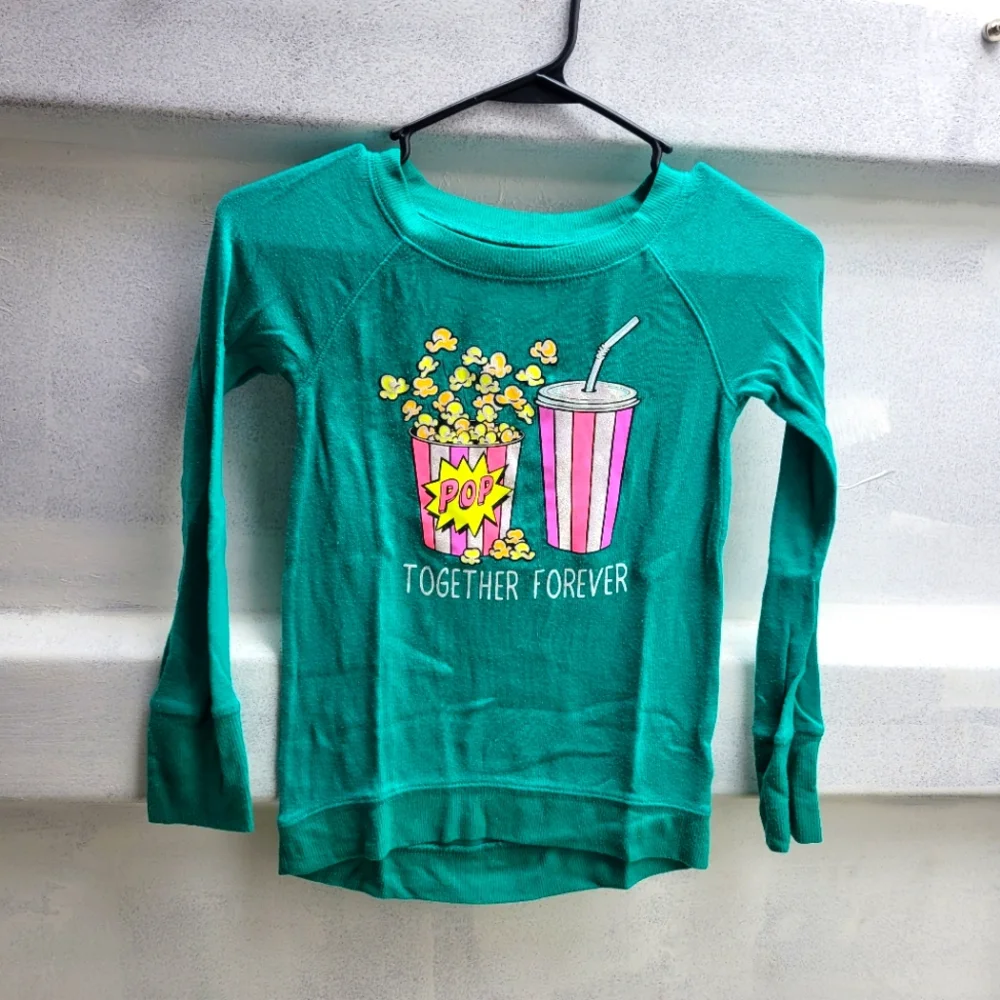 Justice long sleeve popcorn and drink sweater shirt top glitter sparkle 7